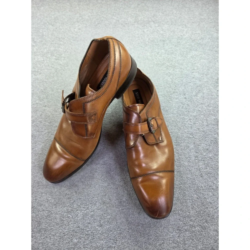 Steve Madden Mens Monk Strap Cap Toe Dress Shoes Tan Leather Business Classic
